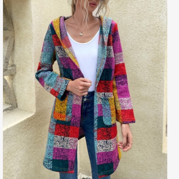 Cozy Boho Plaid Color Block Pocket Hoodie Hooded Coat Jacket Vibrant Colorful - Picture 1 of 8